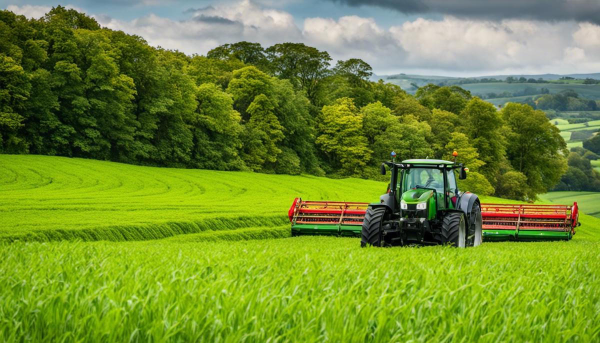 A field of green fodder crops being harvested for silage, with a farmer operating a tractor.