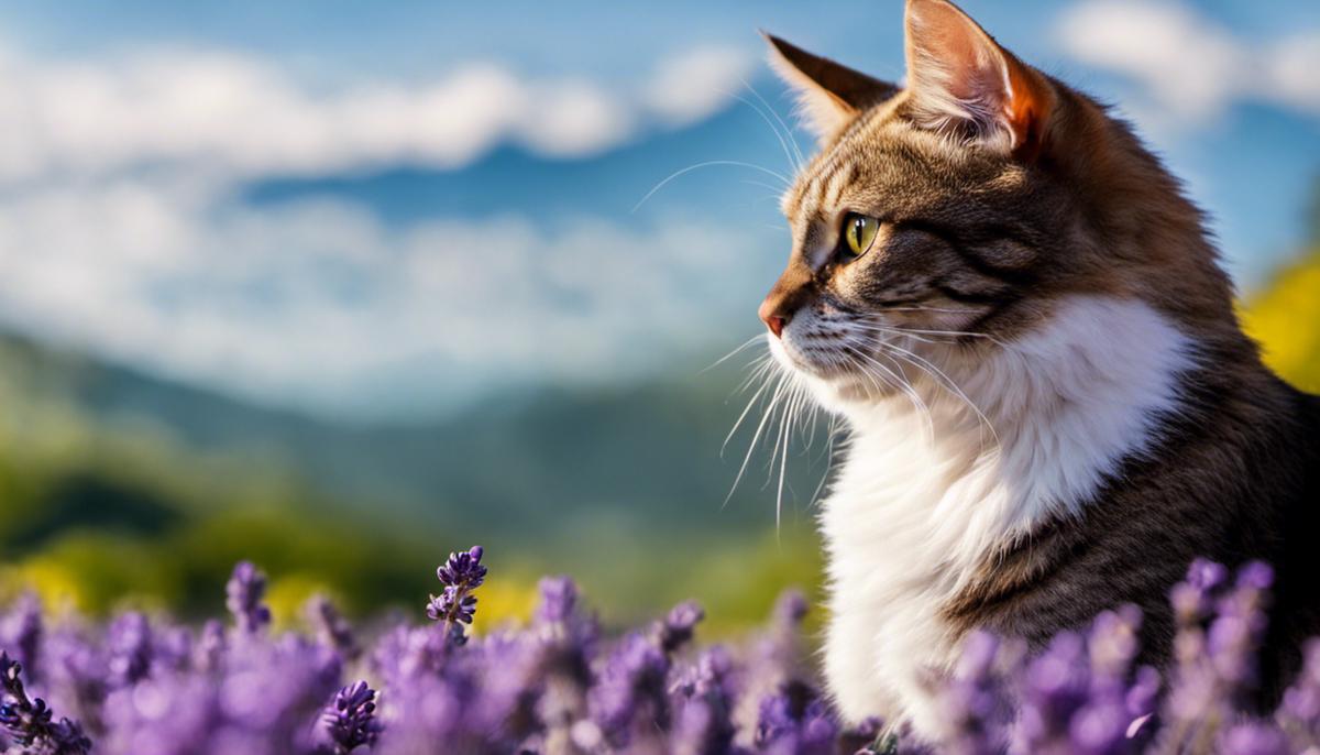 A cat looking at a bottle of lavender, representing the potential risks of lavender toxicity in cats.