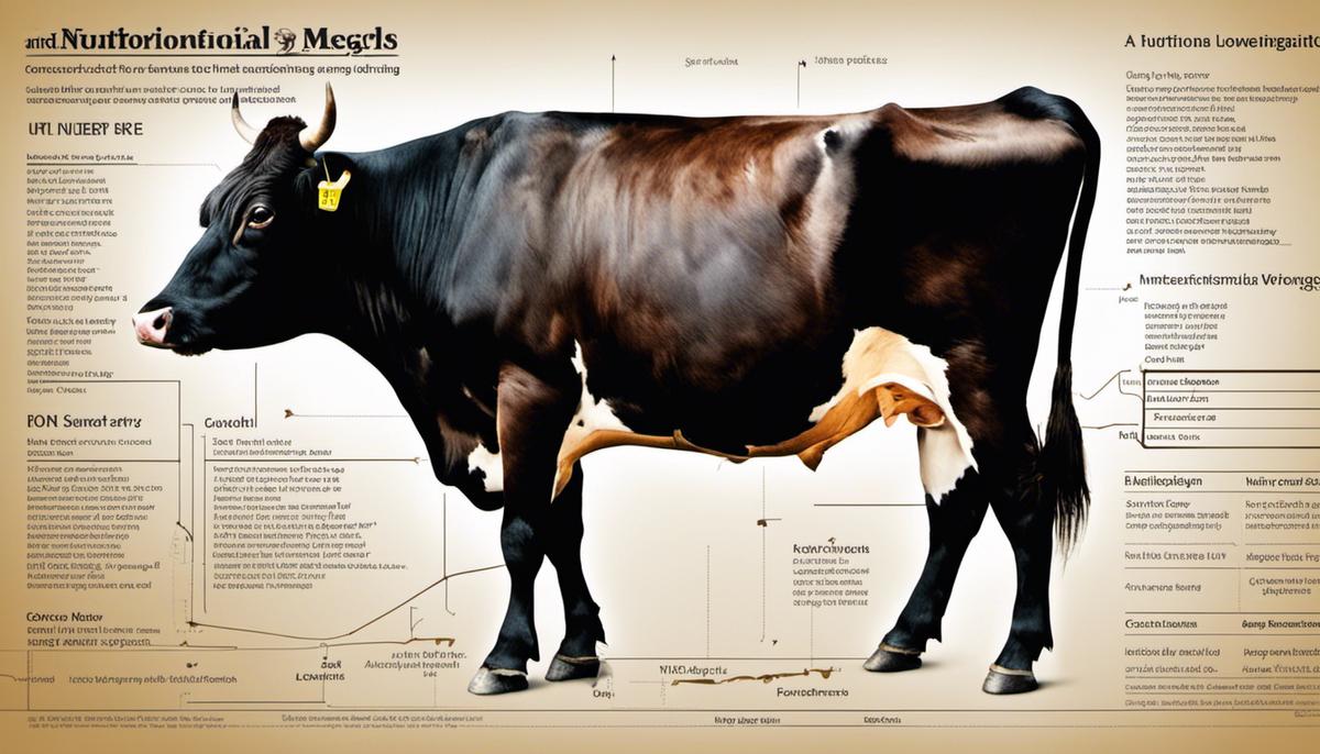 A diagram showing the nutritional needs of a cow, with different factors affecting intake and the importance of monitoring and seeking professional assistance.